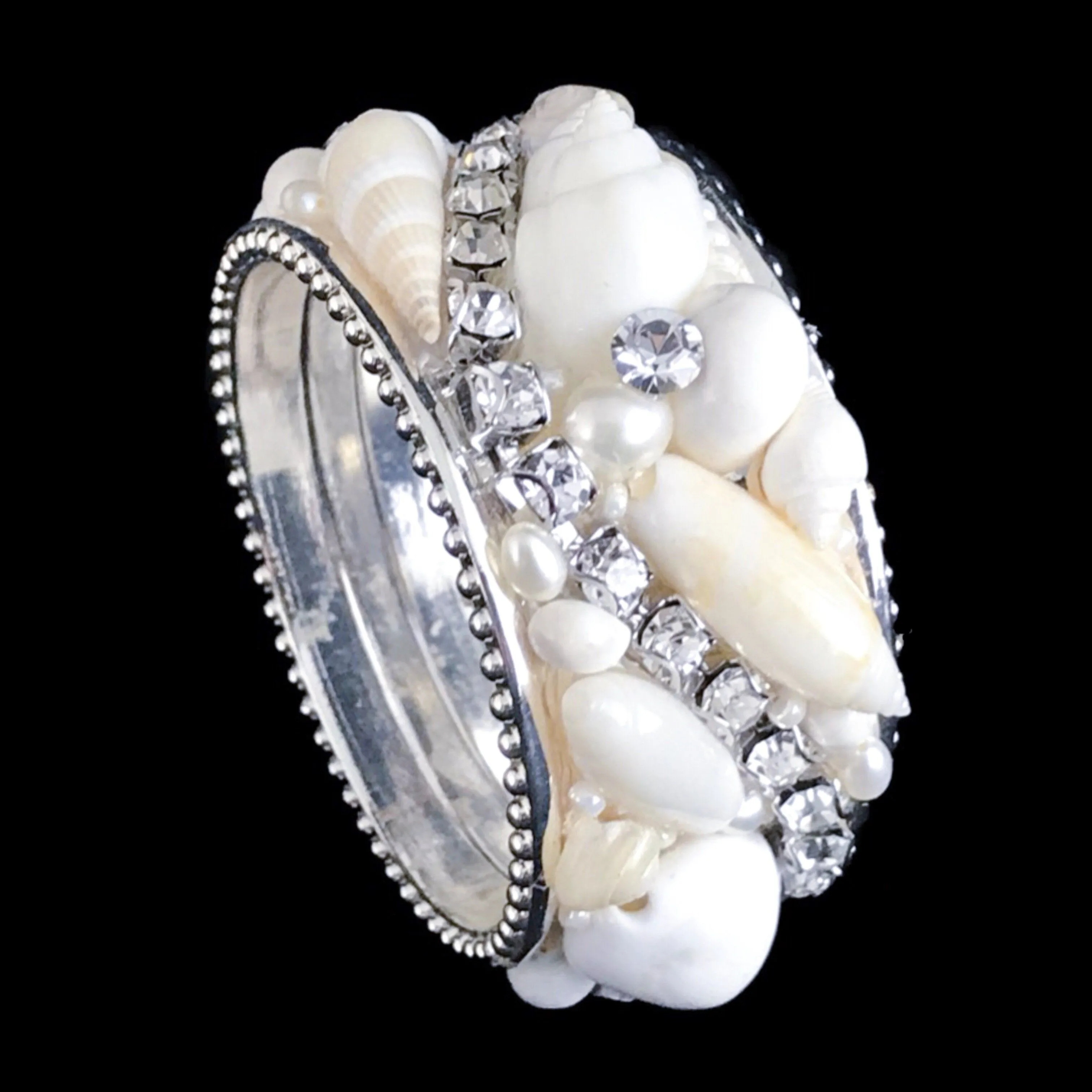 White Opal Sea Shell Napkin Ring Featuring Premium Crystal | Set of 4