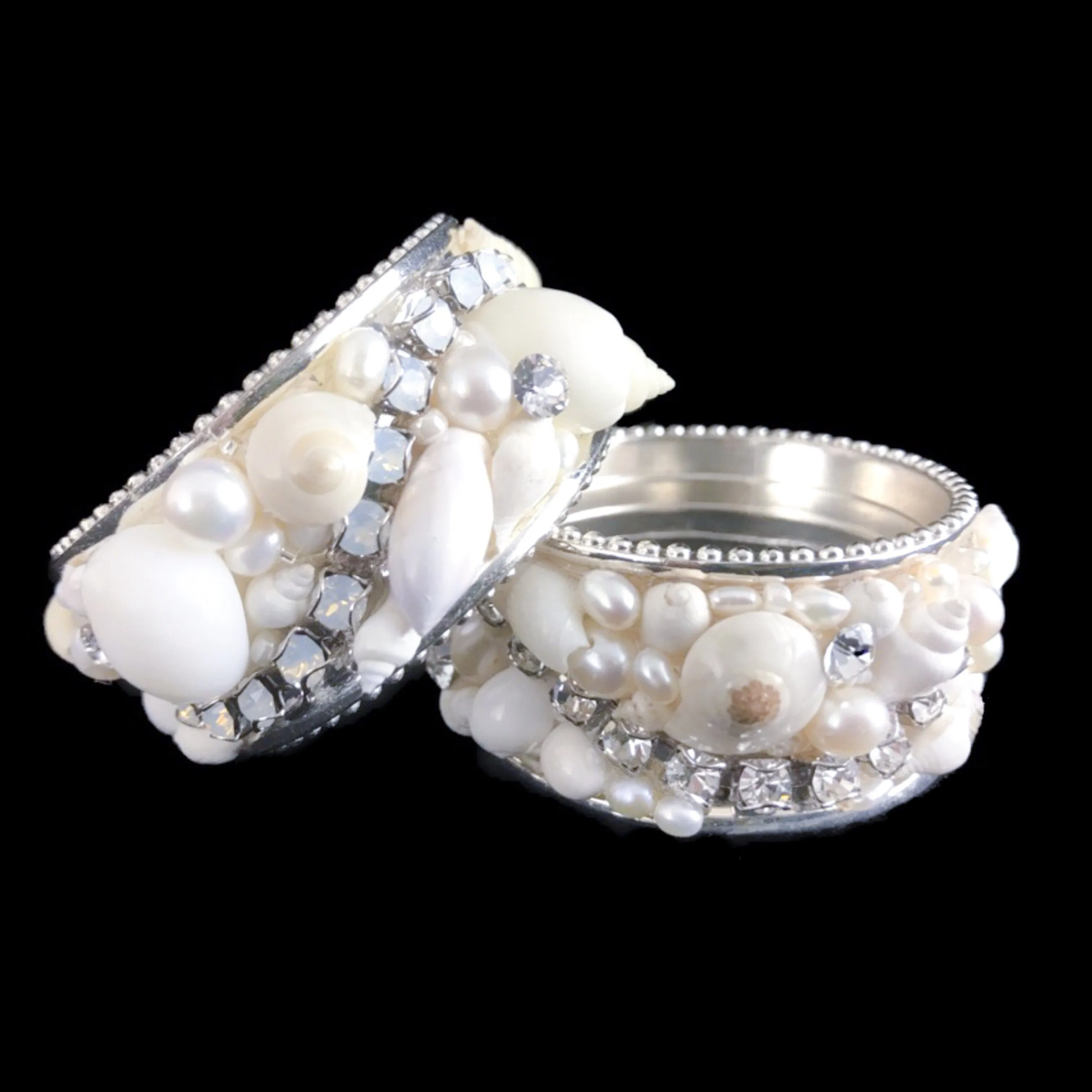 White Opal Sea Shell Napkin Ring Featuring Premium Crystal | Set of 4