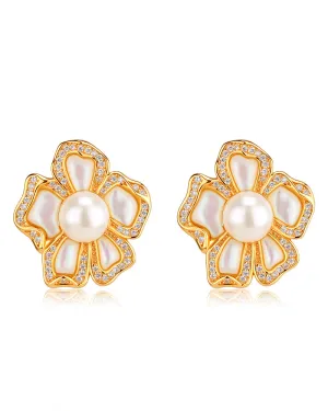 White Shell Flower Freshwater Pearl Earrings