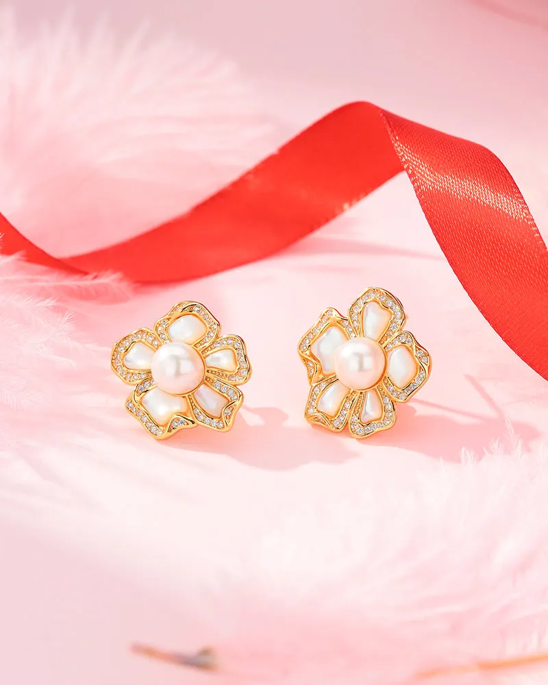 White Shell Flower Freshwater Pearl Earrings
