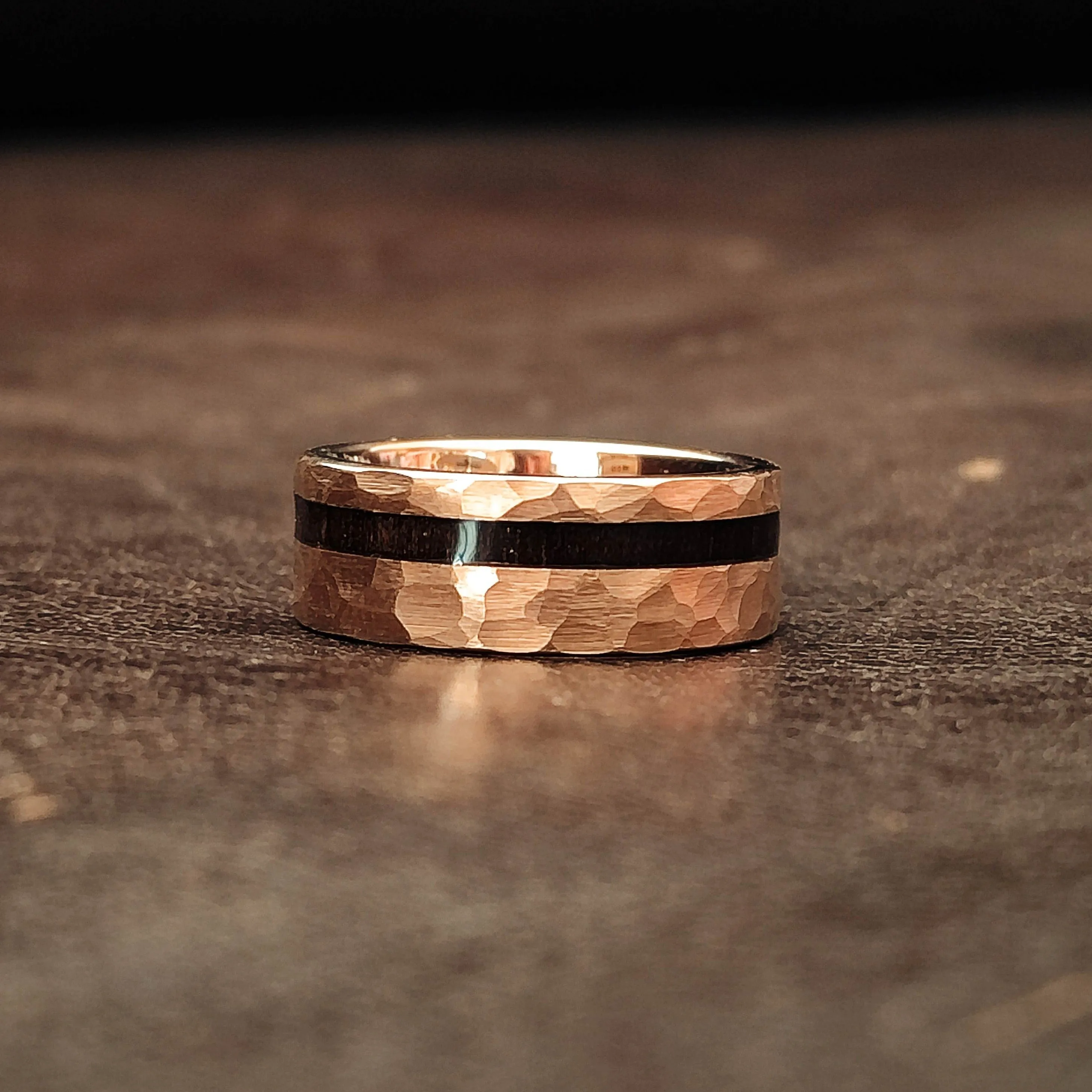 Wolverine  - Hammered Rose Gold & Ebony Inlay Men's Tungsten Ring