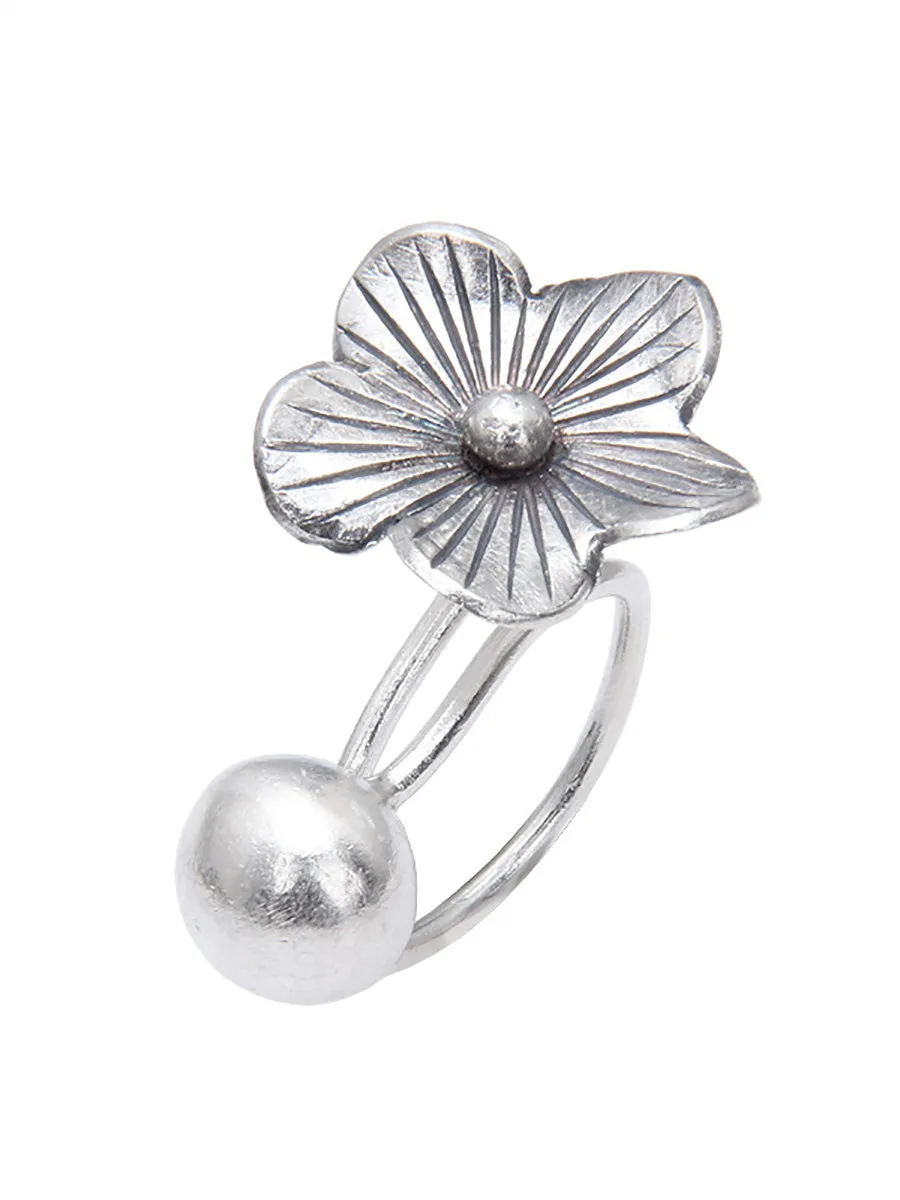 Women Vintage S925Sliver Flower Ball Ring