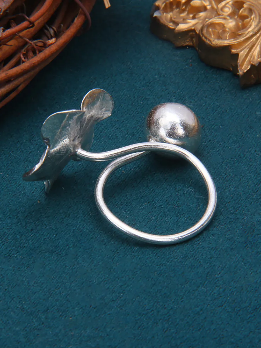 Women Vintage S925Sliver Flower Ball Ring