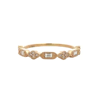 Yellow Gold Baguette and Round Diamond Stackable Band