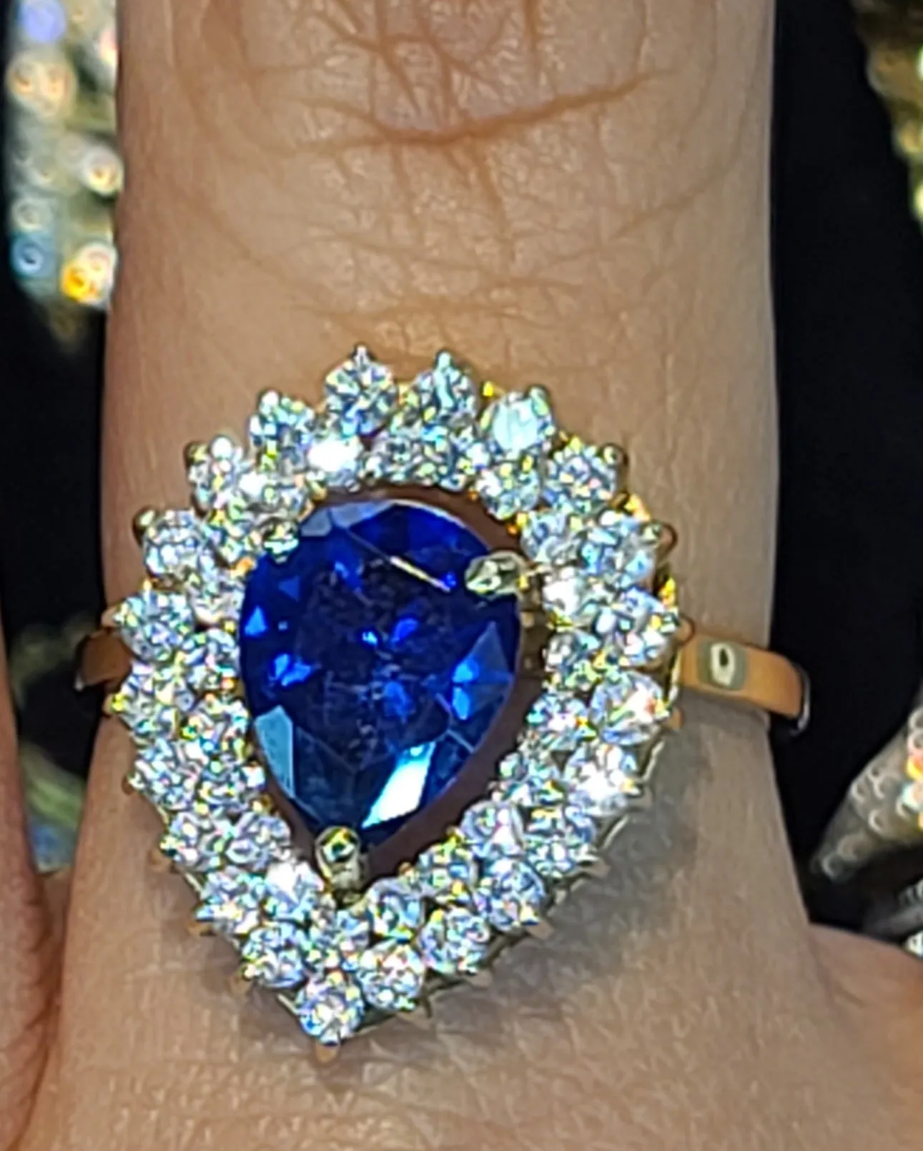 Yellow Gold Tear Drop Ring with Blue Stone and CZs